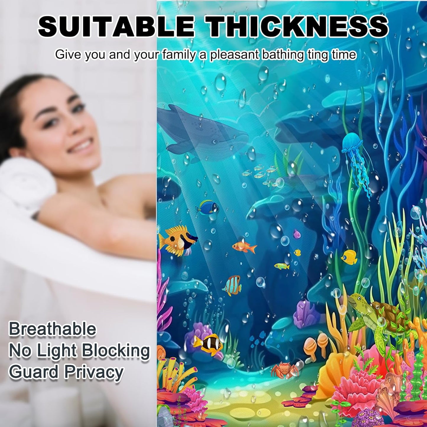 Skiennix Ocean Shower Curtain Set - Tropical Underwater World Design with Non-Slip Bath Rugs | Kids Bathroom Decor