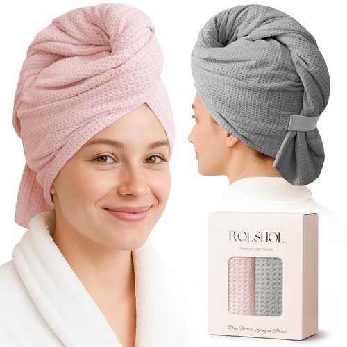 ROLSHOL 2 Pack Microfiber Hair Towel Wrap for Women, 32" x 11" Waffle Weave Hair Plopping Towel for Curly, Long & Thick Hair, Anti-Frizz Hair Turbans for Wet Hair (Pink, Grey)