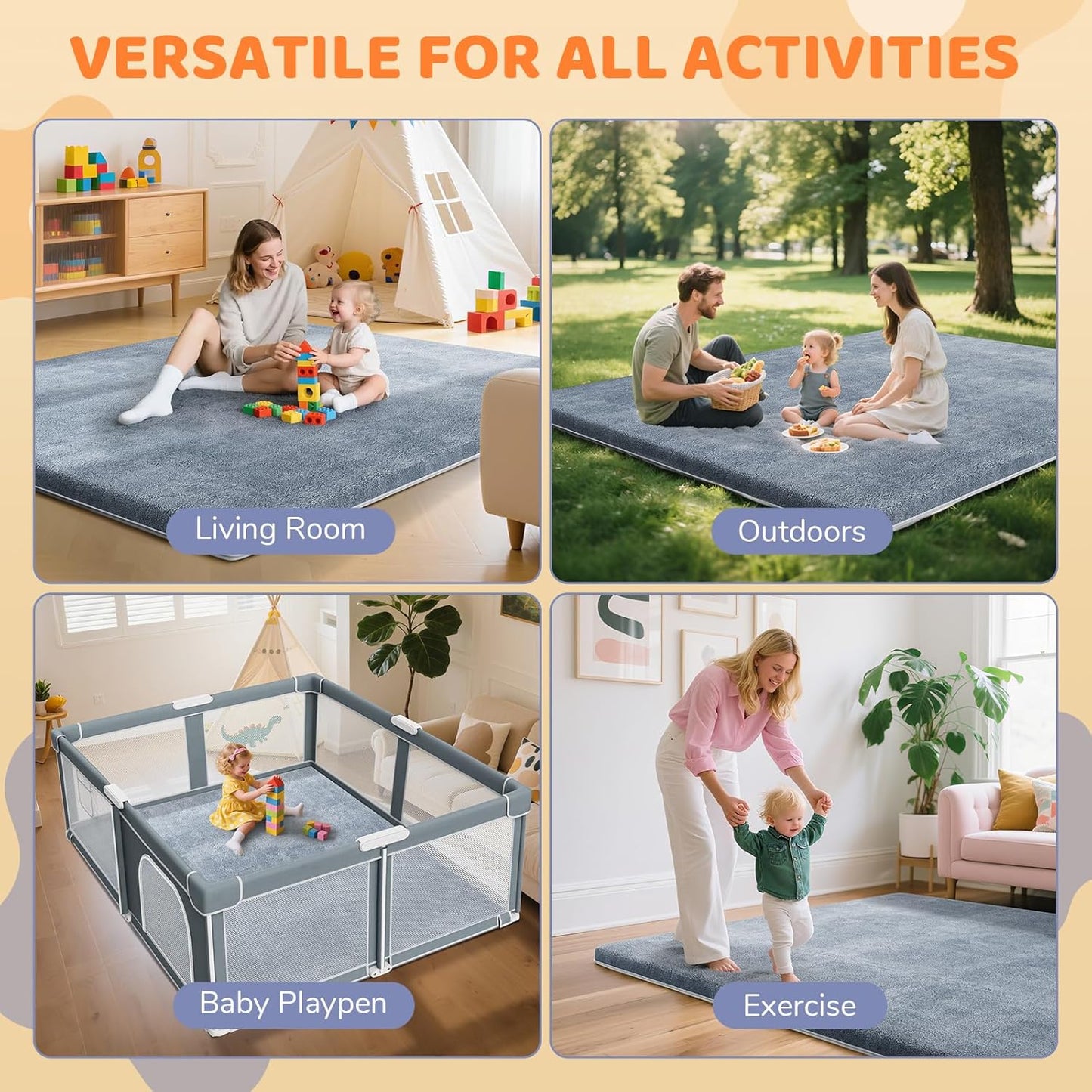 Omzer Baby Play Mat | 1.3" Thick Foam, 65x50 Inch, Soft Coral Velvet, Non-Slip Crawling Pad - Grey