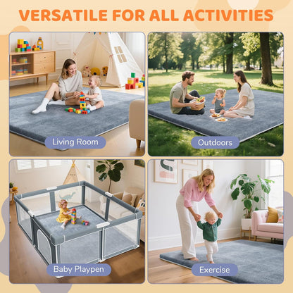 Omzer Baby Play Mat | 1.3" Thick Foam, 65x50 Inch, Soft Coral Velvet, Non-Slip Crawling Pad - Grey