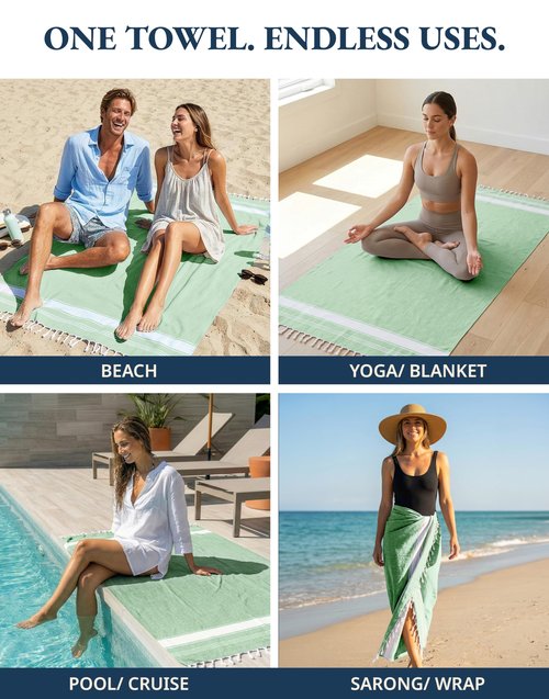 LANE LINEN Turkish Beach Towels, 2 Pack Extra Large Beach Towel, Pre-Washed for Soft Feel, Oversized Sand Free Quick-Dry Pool Towel, Beach Towels for Adults,39"x71" - Jade Green