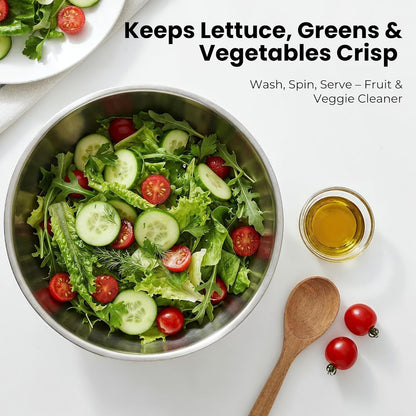 Stainless Steel Salad Spinner - Large 5.3 Quart Lettuce Dryer & Fruit Cleaner with Strainer