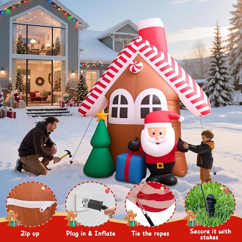 7 Ft Christmas Inflatable Candy House with Santa, Tree & Gift Box – Built-in LED Lights