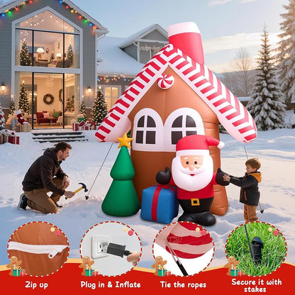 7 Ft Christmas Inflatable Candy House with Santa, Tree & Gift Box – Built-in LED Lights