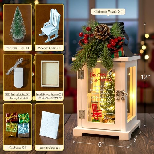 Christmas In Heaven Memorial Lantern - Wreath Photo Frame Ornaments Set | Thoughtful Gift for Loved Ones