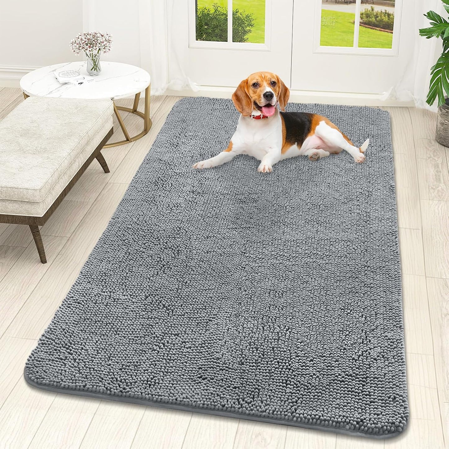 OLANLY Dog Door Mat - Absorbent Non-Slip Chenille Mat for Muddy Paws | 59x32 Inches, Quick Dry, Grey