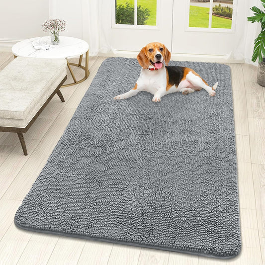 OLANLY Dog Door Mat - Absorbent Non-Slip Chenille Mat for Muddy Paws | 59x32 Inches, Quick Dry, Grey