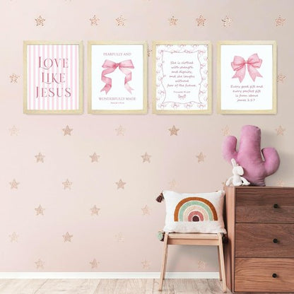 LARTSFRO Coquette Pink Bow Wall Art Decor - Inspirational Bible Verses | 10x8 Inch Set of 4 for Teen Girls