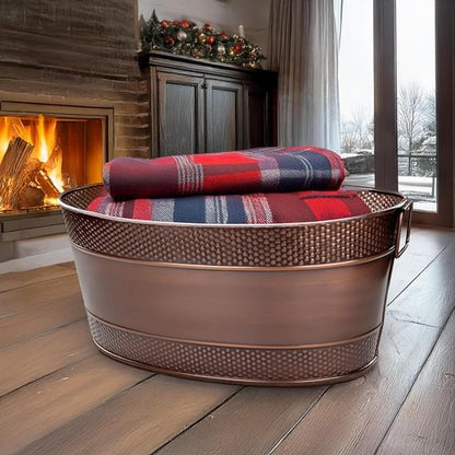 BREKX Metal Storage Basket for Living Room Organizing - Blanket Storage and Organization Bin for Farmhouse, Nursery, Laundry, Toy Basket for Babies & Dogs- Galvanized Tub Multi-Use