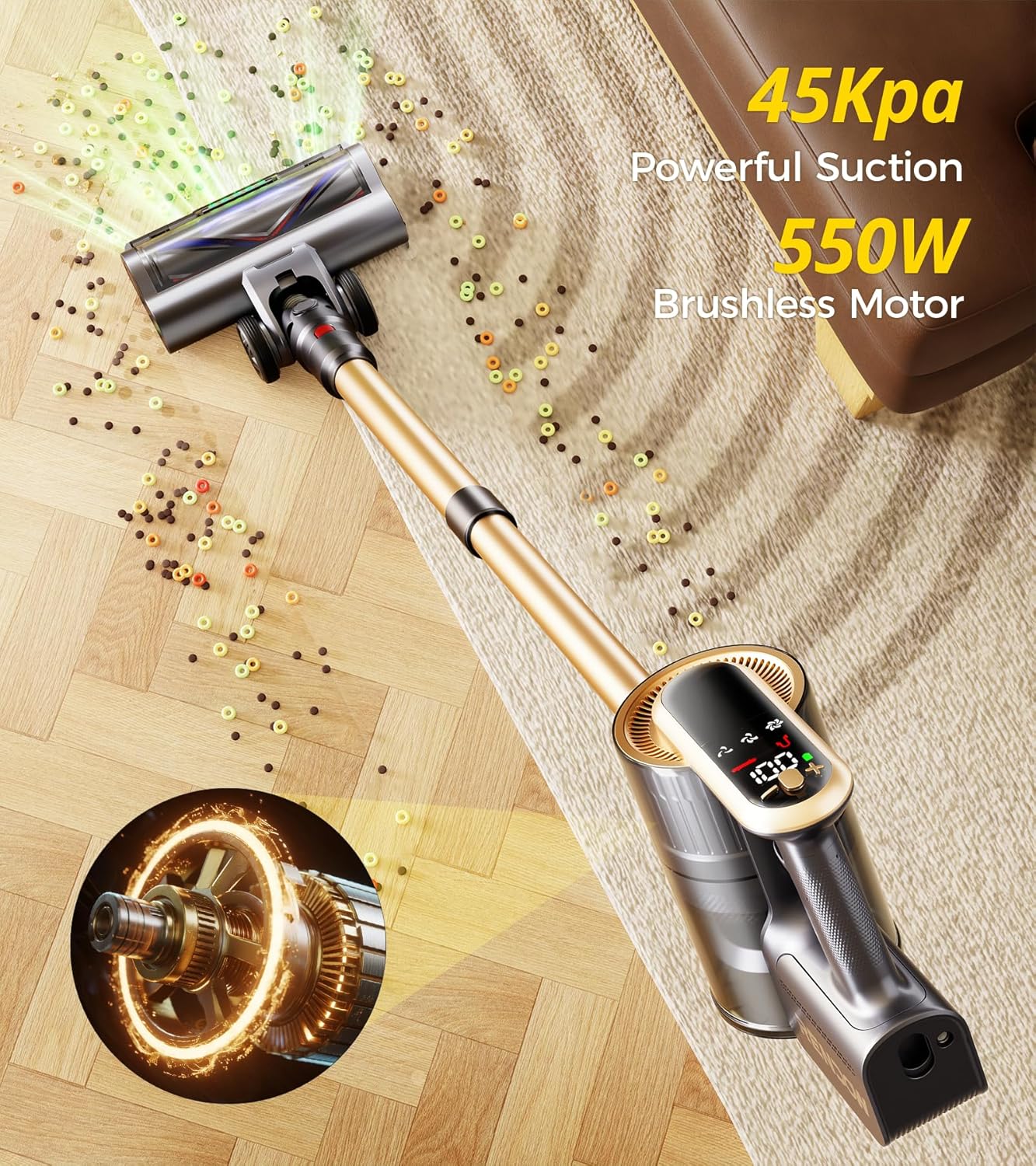 RENDOW Cordless Vacuum Cleaner - 550W Powerful Suction | 65 Minutes Runtime, LED Display, Anti-Tangle for Pet Hair & Hard Floors