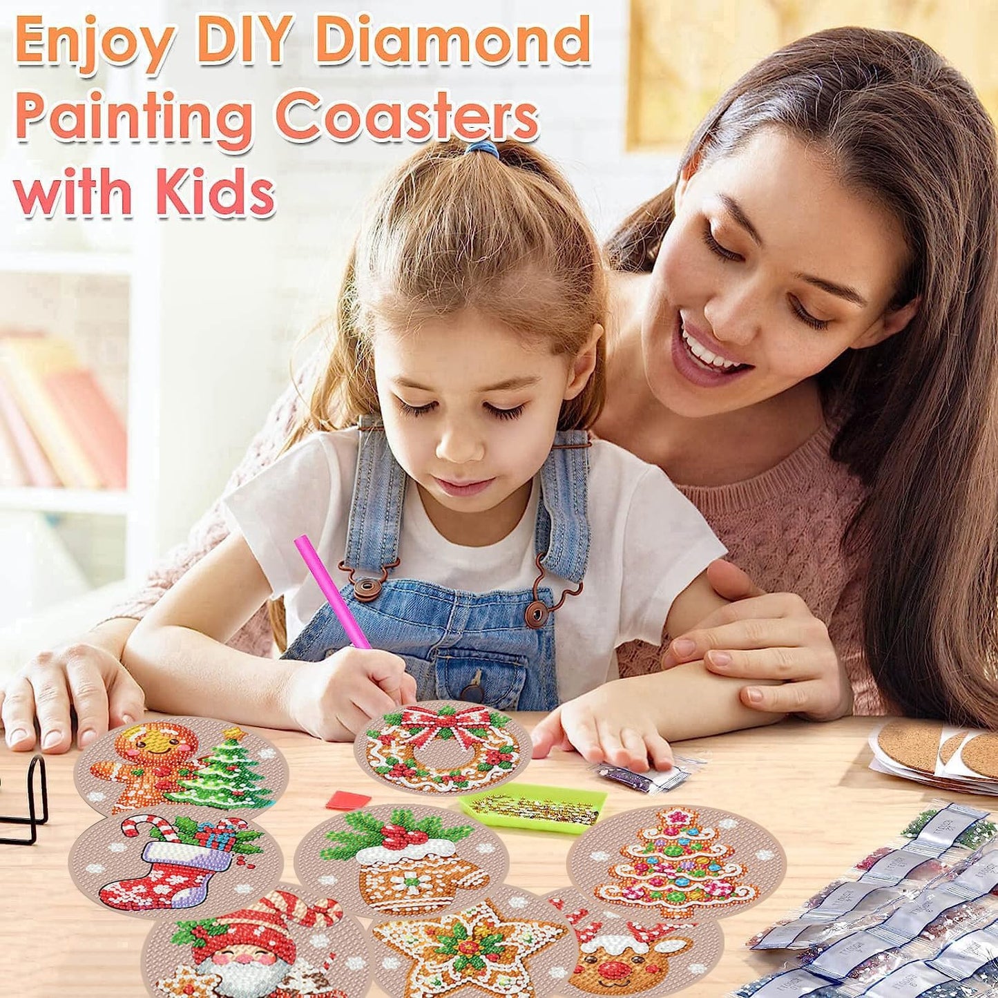 Skiennix Christmas Diamond Painting Coasters - 8 Gingerbread Snowman Art Kits with Holder | DIY 4x4 Inch