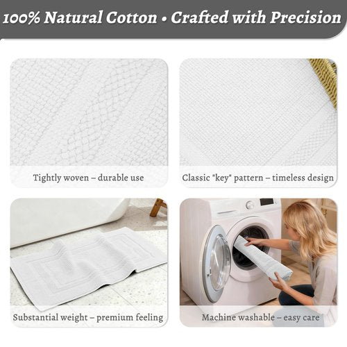 Mrs Awesome Soft 100% Cotton Bath Mat with Hot-melt Non-Slip Backing, 20" x 32" Comfortable & Absorbent Washable Textured Woven Rug for Bathroom, White