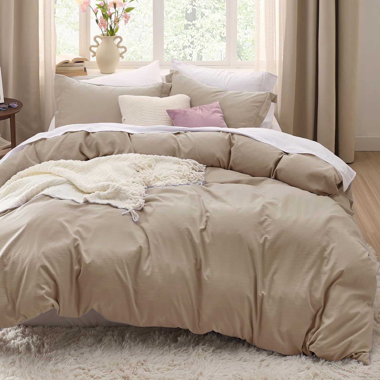 Bedsure Duvet Cover Set - King Size Light Brown Cotton-Like Bedding, 3 Pieces with Zipper Closure & Pillow Shams