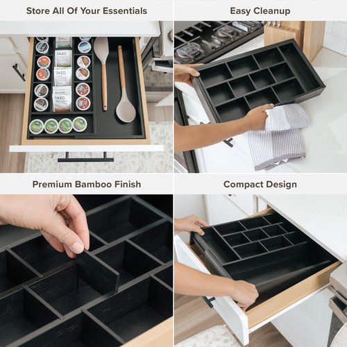 KitchenEdge Tea Bag and Coffee Pod Kitchen Drawer Organizer, Expandable 9.7 to 17 Inches, 10 Storage Compartments, Adjustable Wall Inserts, Non-Slip Feet, Food-Safe Black Finish, 100% Bamboo Wood