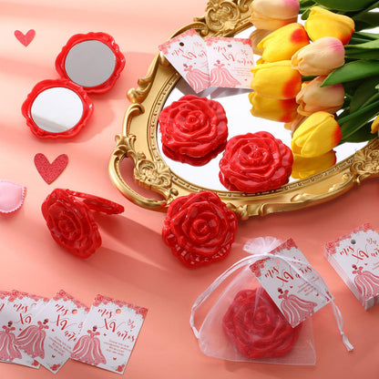 Wenqik 50 Sets Quinceanera Party Favors for Guests Rose Design Compact Pocket Mirrors Quinceanera Cards Thank You Gift and Organza Bags Sweet 15 Mis Quince Birthday Party Favor (Red)