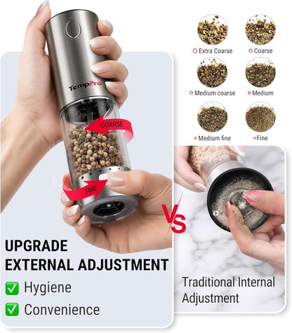 TempPro Electric Salt and Pepper Grinder Set - Rechargeable Automatic Shakers with LED | 100ml, 2-Pack