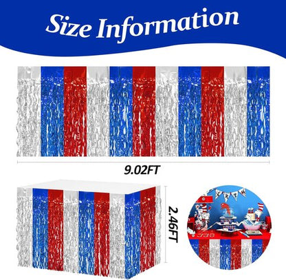 8P Wavy Metallic Tinsel Foil Fringe Table Skirts - Vibrant Decorations for Weddings, Birthdays & Parades | Red, Blue, White