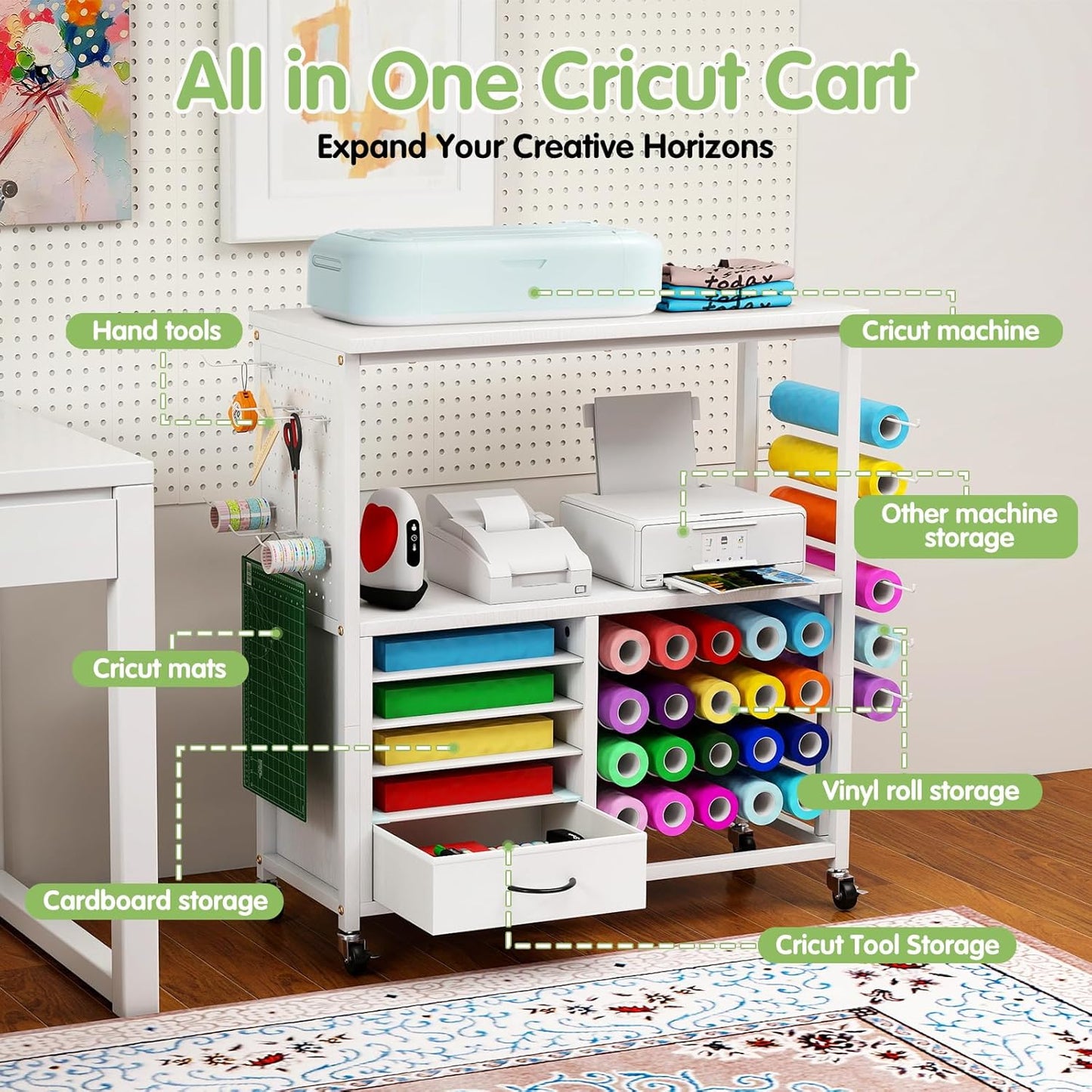 Skiennix Craft Storage Cart - Mobile Table with Vinyl Roll Holder & Drawers | Ideal for Studios & Offices