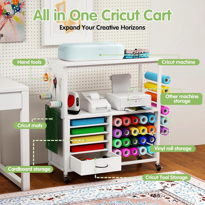 Skiennix Craft Storage Cart - Mobile Table with Vinyl Roll Holder & Drawers | Ideal for Studios & Offices