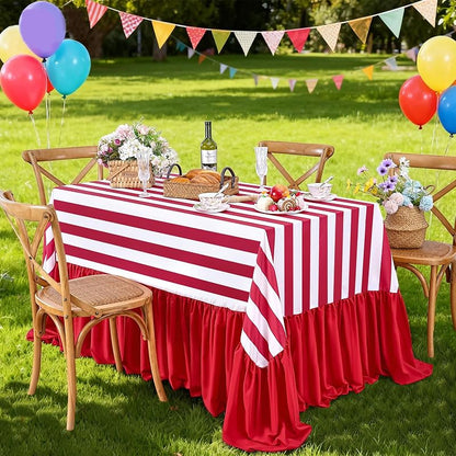 Red & White Striped Ruffle Tablecloth 80x120 In Waterproof Polyester - Birthday Wedding Dinner