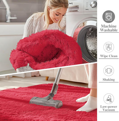 OLANLY 3x5 Soft Fluffy Shaggy Bedside Rug - Machine Washable Indoor Carpet for Kids & Nursery | Red