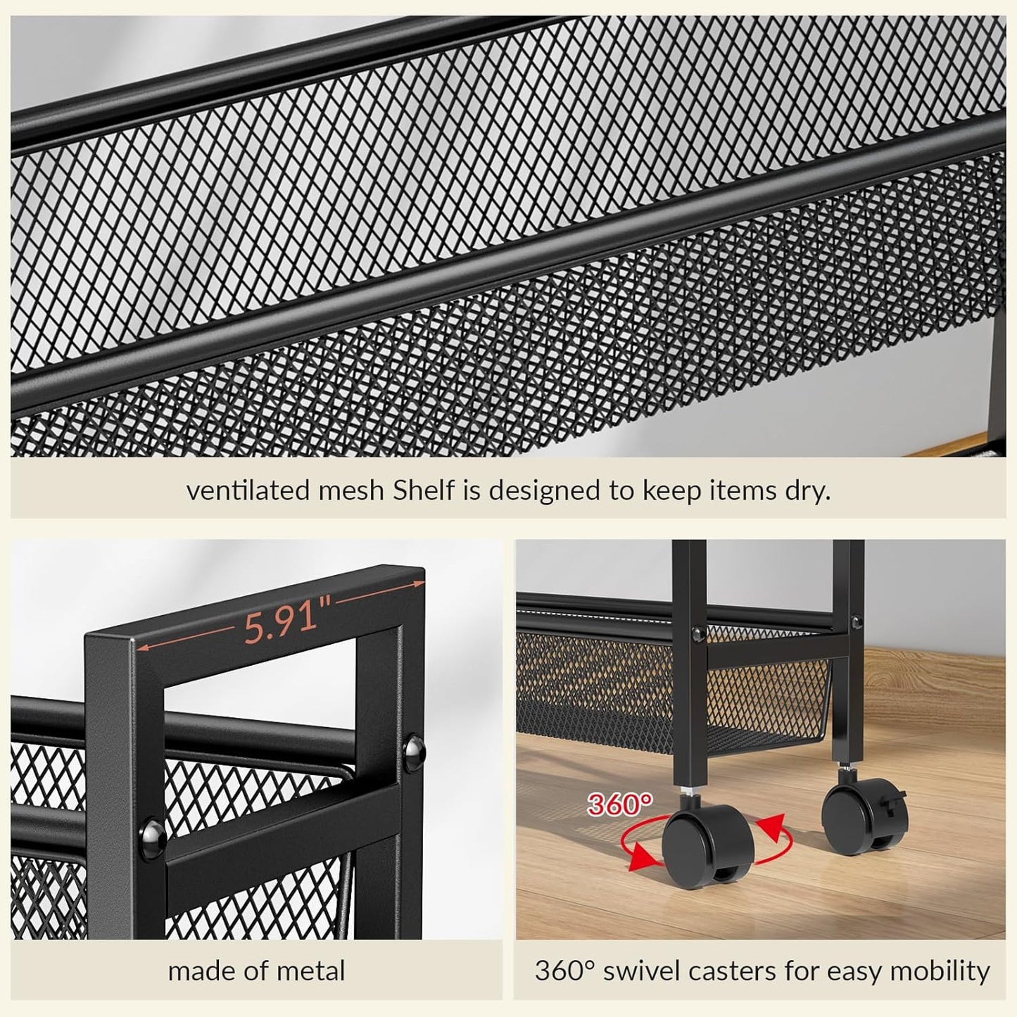 ThreeHio 6-Tier Slim Storage Cart - Mobile Metal Shelving Unit with Wheels for Kitchen & Bathroom - Black 6in(W)