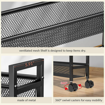 ThreeHio 6-Tier Slim Storage Cart - Mobile Metal Shelving Unit with Wheels for Kitchen & Bathroom - Black 6in(W)