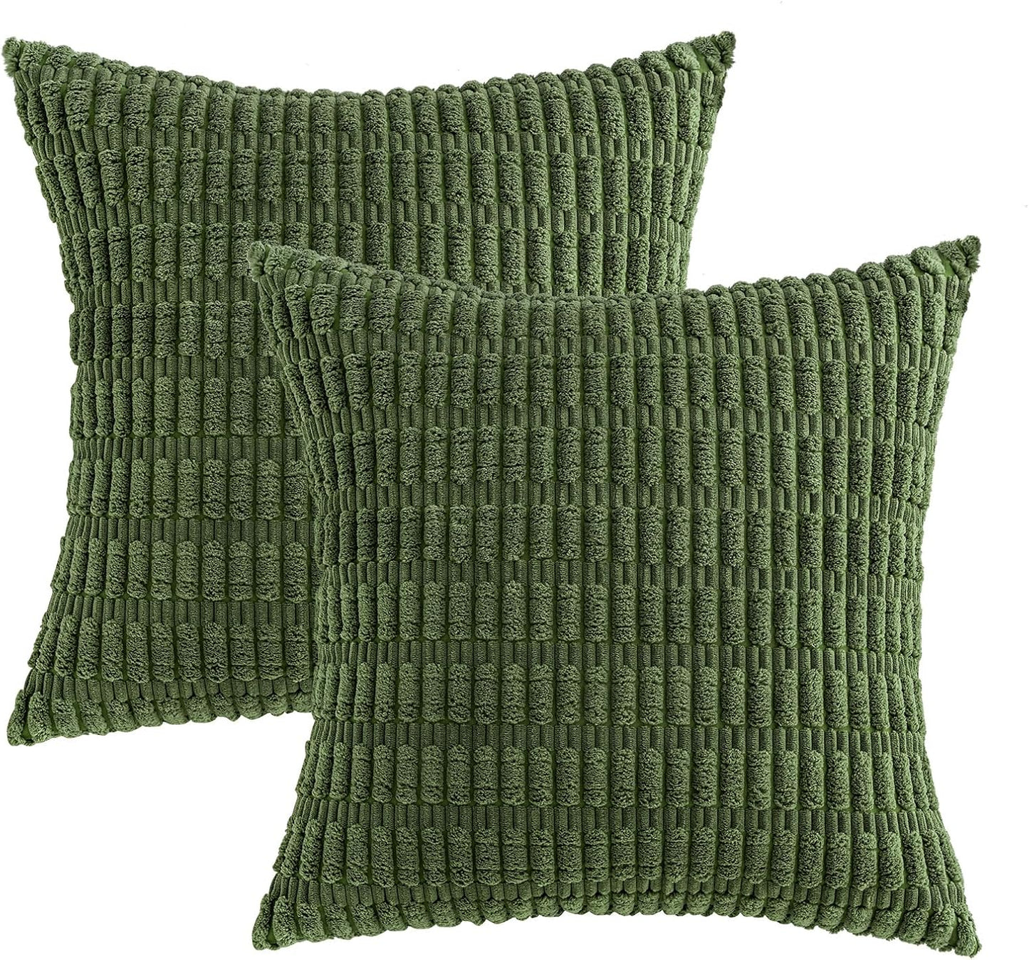 MIULEE Decorative Throw Pillow Covers - Soft Boho Striped Corduroy | 18x18 Inch, Pack of 2, Moss Green