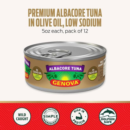 Genova Premium Albacore Tuna - Wild Caught Solid White in Olive Oil | Low Sodium, 5 Oz Cans (Pack of 12)