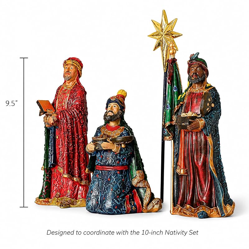 10-Inch Nativity Set 4-Piece Magi Figures with Star – Polystone, Hand Painted, Flat Bottom Base