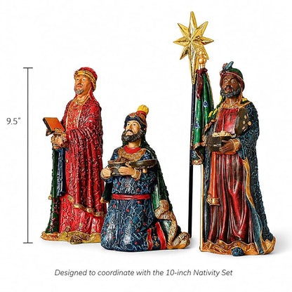 10-Inch Nativity Set 4-Piece Magi Figures with Star – Polystone, Hand Painted, Flat Bottom Base