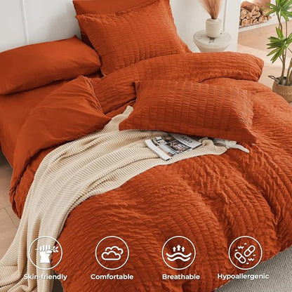 HYMOKEGE Comforter Set - Luxury 7-Piece All-Season Bedding in Burnt Orange | Full Size Seersucker Design