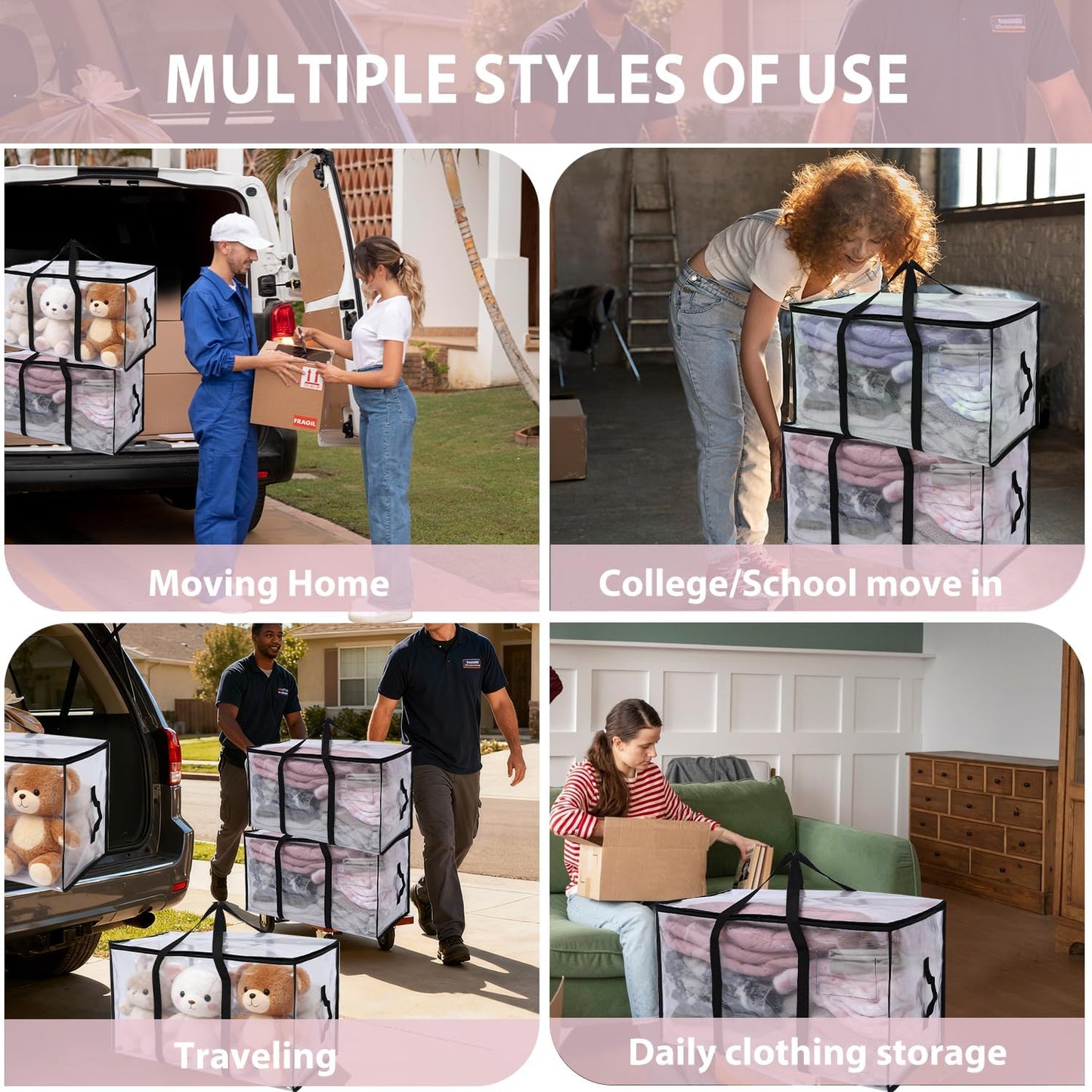 Skiennix Heavy-Duty Extra Large Moving Bags - Waterproof Storage Totes with Handles & Zippers | 6 Pack (Clear)