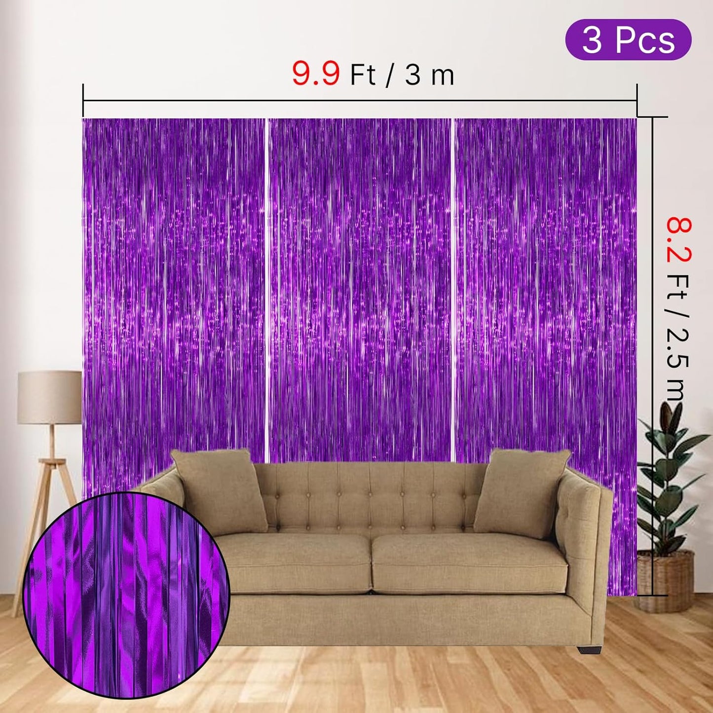 PartyWoo Foil Fringe Curtain - 3pcs 8.2ft Metallic Tinsel Streamers in Lavender for Party Decor