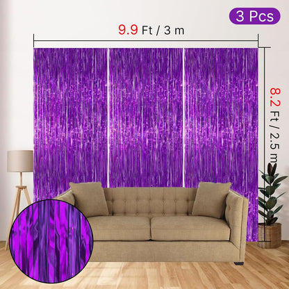 PartyWoo Foil Fringe Curtain - 3pcs 8.2ft Metallic Tinsel Streamers in Lavender for Party Decor