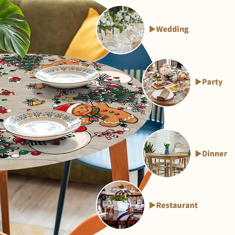 Christmas Snowman Fitted Tablecloth 40-44 Inch, Elastic Edge, Round Xmas Gingerbread Man