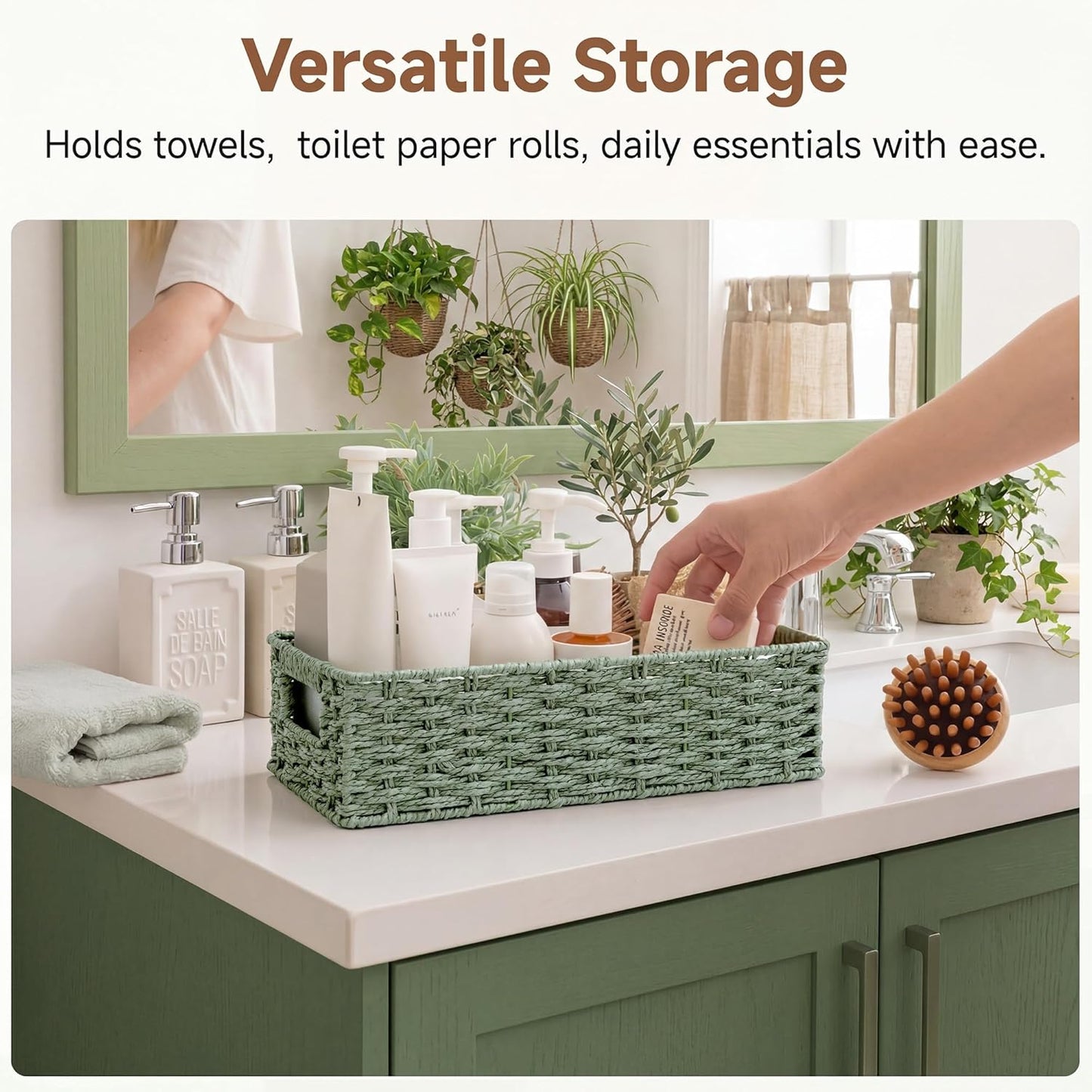 StorageWorks Wicker Toilet Basket - Small Tank Topper with Built-in Handles | Sage Green Bathroom Organizer