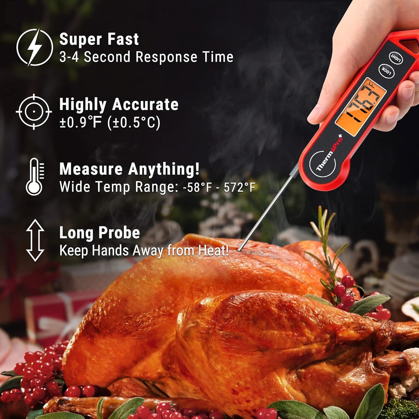 TempPro Waterproof Digital Meat Thermometer - Ambidextrous Backlit & Motion Sensing for BBQ, Grilling & Cooking