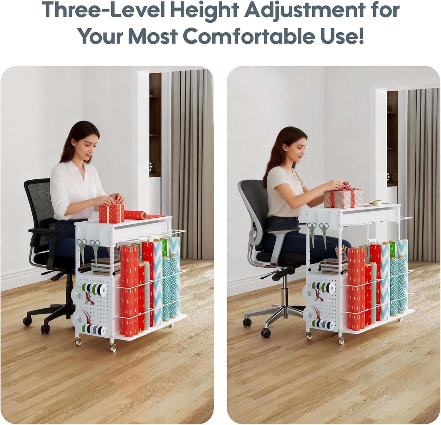 Skiennix Height-Adjustable Gift Wrapping Station - Rolling Cart with Paper Clamp & Storage | White