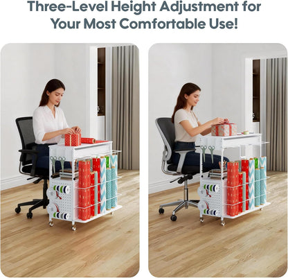 Skiennix Height-Adjustable Gift Wrapping Station - Rolling Cart with Paper Clamp & Storage | White