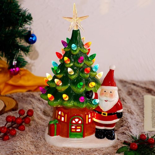 Juegoal Lighted Ceramic Christmas Tree - 11" Pre-Lit Tabletop Decoration with Santa & Multicolor Bulbs