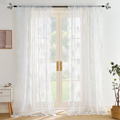 NICETOWN Lace Sheer Curtains 84 Inches Long for Bedroom, Shabby Chic Rose Flora Semi White Sheer Curtains for Living Room French Door, 1 Pair, Rod Pocket, 52 x 84 Inch, Ivory White