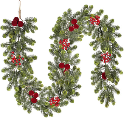 SY Super Bang 6FT Christmas Garland - Artificial Green Decor with Velvet Balls & Red Berries for Holiday Cheer