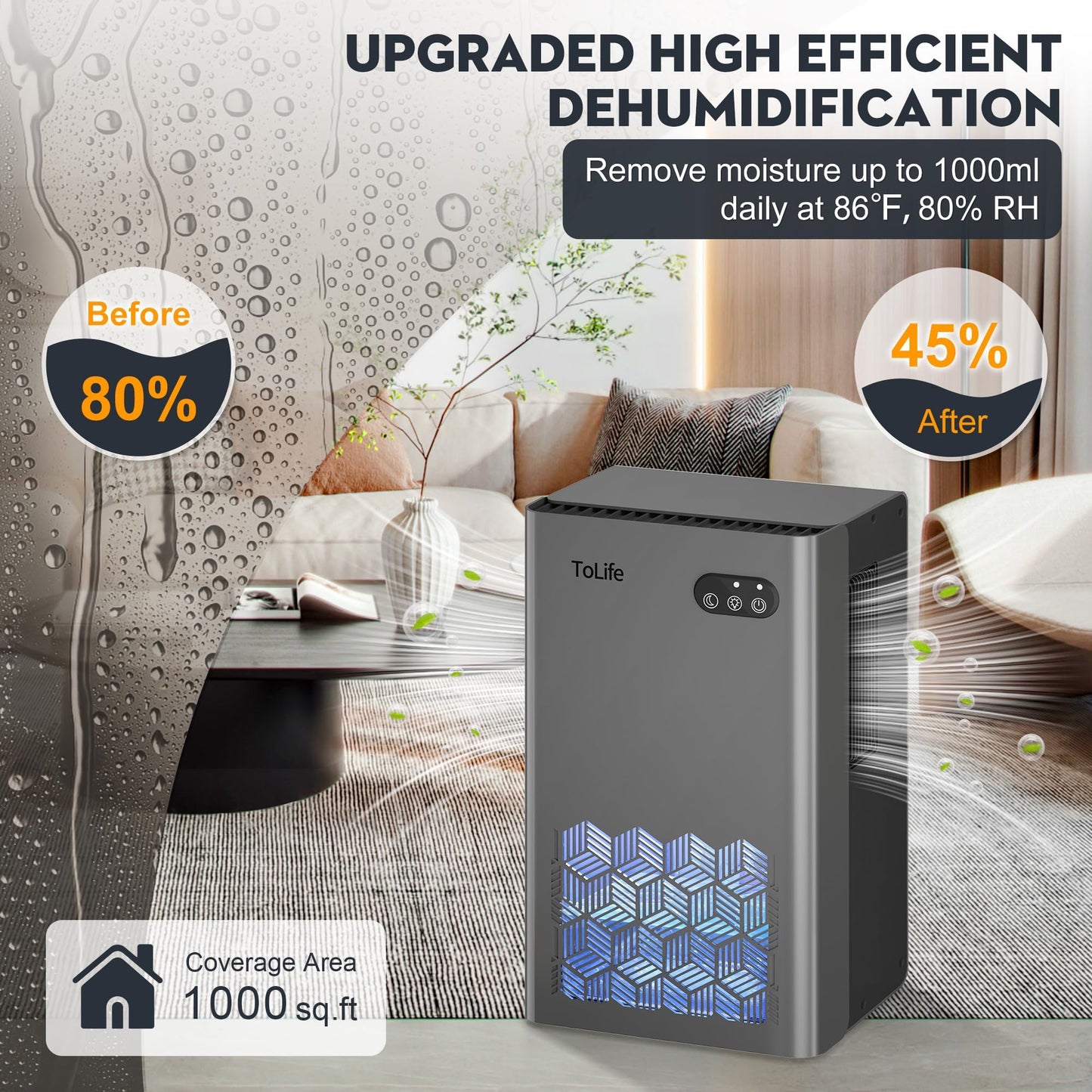 ToLife Dehumidifier for Home 95 OZ Water Tank, 1000 sq.ft Dehumidifiers for Basement Bedroom Bathroom with Auto Shut Off 7 Colors LED Light, Grey