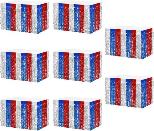8P Wavy Metallic Tinsel Foil Fringe Table Skirts - Vibrant Decorations for Weddings, Birthdays & Parades | Red, Blue, White