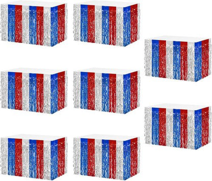 8P Wavy Metallic Tinsel Foil Fringe Table Skirts - Vibrant Decorations for Weddings, Birthdays & Parades | Red, Blue, White