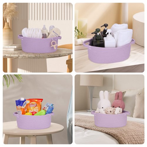 Cute Oval Cotton Rope Wicker Storage Basket with Handle - Empty Baby Nursery Box Bin Organizer for Kids, Cats, Dogs & Easter - Light Purple Lavender