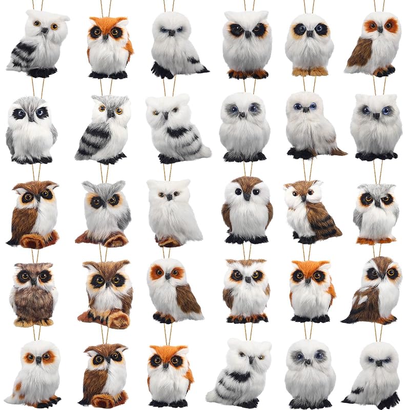 30-Pc Plush Owl Christmas Ornaments Set - Faux Fur Hanging Decorations