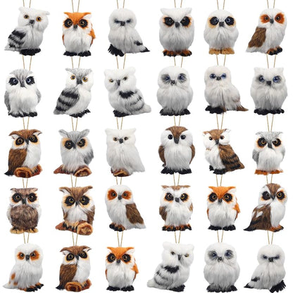 30-Pc Plush Owl Christmas Ornaments Set - Faux Fur Hanging Decorations