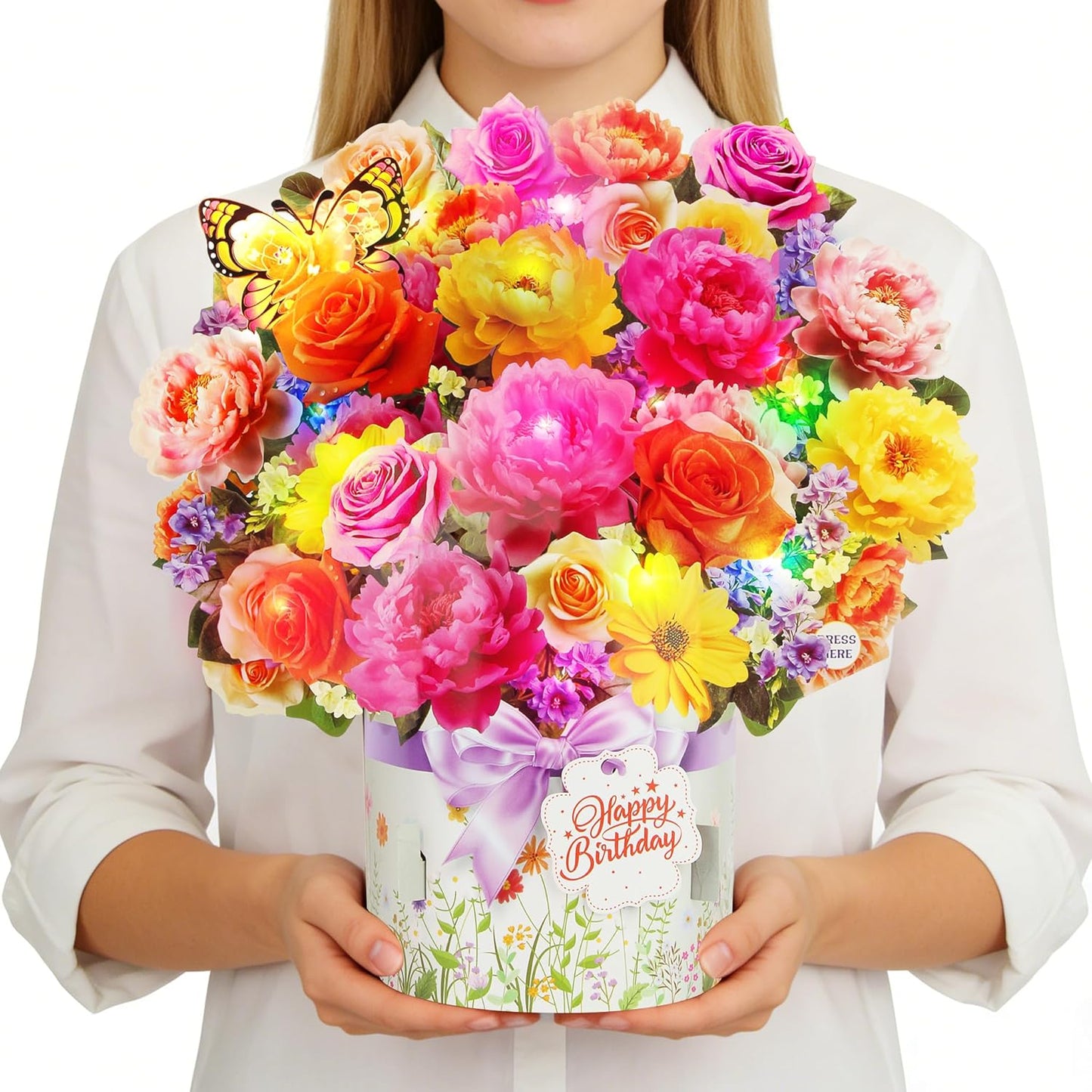 XTF2015 Birthday Cards - 3D Pop-Up Music & Lights | Peony & Butterfly Design, 13 Inch Forever Flower Bouquet